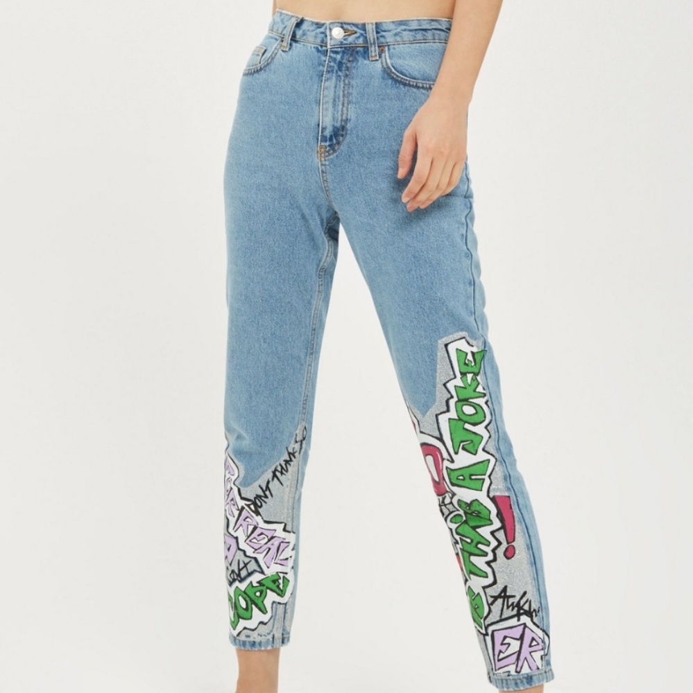 Topshop | MOTO Graffiti Hem High Waist Mom Jeans